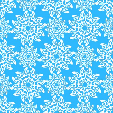 Mavi zemin üzerinde beyaz kar taneleri olan kışın pürüzsüz deseni. Kumaş, tekstil duvar kağıtları, posterler, hediye ambalaj kağıtları için vektör çizimi. Noel vektör illüstrasyonu