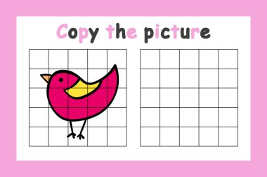 Fotoğrafı kopyala. Çocuklar için eğitici bir oyun. Sevimli kuş. Çocuklar için çizim aktivitesi. Renkli vektör illüstrasyonu