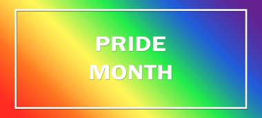 Gökkuşağı arka planında gurur dolu bir ay. LGBT bayrağı. Şablon tasarımı, vektör çizimi. Aşk kazanır. Renkli semboller. Eşcinsel gurur koleksiyonu. Pankart