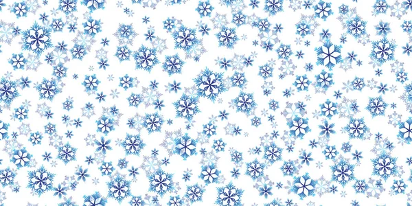 Padrão sem costura de inverno com flocos de neve azuis no fundo branco. Ilustração vetorial para tecido, papel de parede têxtil, cartazes, papel de embrulho de presente. Ilustração vetorial de Natal. Queda de neve — Vetor de Stock