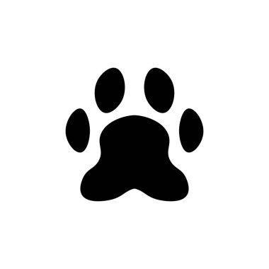 Düz çizgi film hayvan ayak izi silueti. Kedi ya da köpek ayağı ikonu, bilinmeyen bir hayvan. Siyah parmak izi. İzole vektör çizimi. Moda tarzı tasarımı