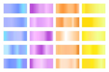 Parlak renkli hologramı olan metalik gradyan koleksiyonu. Holografik folyo dokusu, altın gül, mavi ve altın oyma. Çerçeve, kurdele, sınır, diğer tasarım için vektör ayarlandı