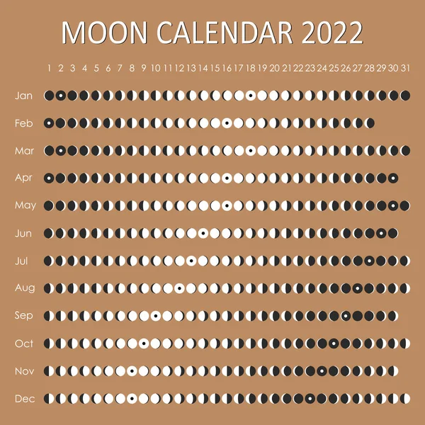 2022 Calendario lunar. Diseño del calendario astrológico. Planificador. Lugar para pegatinas. Mes planificador de ciclos maqueta. Símbolos aislados en blanco y negro sobre fondo de color — Vector de stock