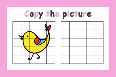 Fotoğrafı kopyala. Çocuklar için eğitici bir oyun. Sevimli kuş. Çocuklar için çizim aktivitesi. Renkli vektör illüstrasyonu