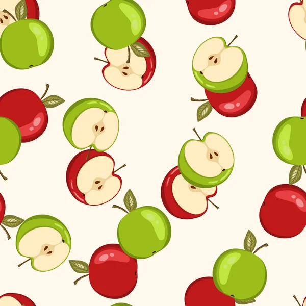 Beyaz arka planda elmalı kusursuz desen. Doğal lezzetli taze olgun meyveler. Baskı, kumaş, tekstil, afiş ve tasarım için vektör çizimi. Yapraklı elmalar. Yiyecek konsepti — Stok Vektör