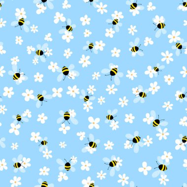 Renkli arka planda arılar ve çiçekler olan kusursuz bir desen. Küçük eşekarısı. Vektör çizimi. Sevimli çizgi film karakteri. Davetiye, kart, tekstil, kumaş için şablon tasarımı. Doodle tarzı