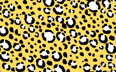 Soyut modern leopar pürüzsüz desen. Hayvanlar modaya uygun arka plan. Baskı, kart, kartpostal, kumaş ve tekstil için sarı ve siyah dekoratif vektör stok çizimi. Modern stilize cilt süsü