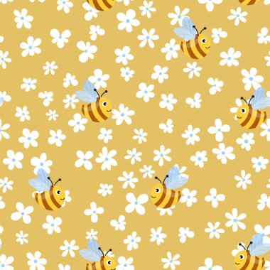 Renkli çiçekli arılarla kusursuz desen. Küçük eşekarısı. Vektör çizimi. Sevimli çizgi film karakteri. Davetiye, kart, tekstil, kumaş için şablon tasarımı. Doodle tarzı