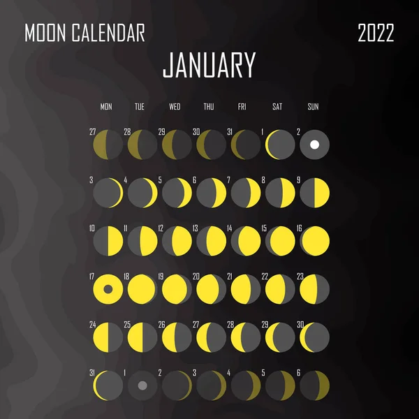 Mondkalender Januar 2022. Astrologisches Kalenderdesign. Planer. Platz für Aufkleber. Monat-Zyklus-Planer-Attrappe. Isolierter dunkler Hintergrund — Stockvektor
