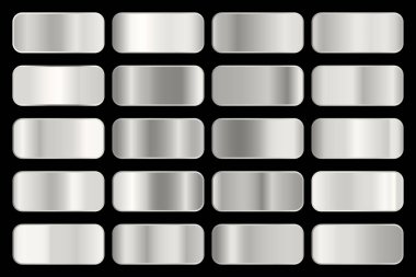 Parlak gümüş hologramlı metalik gradyan koleksiyonu. Holografik folyo dokusu, krom metal oyması. Çerçeve, kurdele, sınır, kapak, pankart ve diğer tasarım için vektör ayarlandı