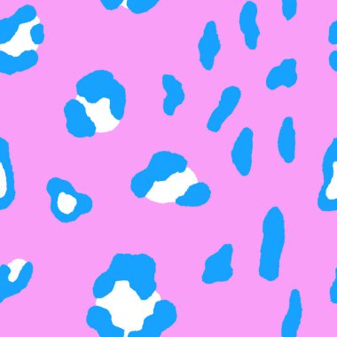 Soyut modern leopar pürüzsüz desen. Hayvanlar modaya uygun arka plan. Parmak izi, kart, kartpostal, kumaş ve tekstil için pembe ve mavi dekoratif vektör çizimi. Modern stilize cilt süsü