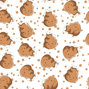 Seamless pattern with kawaii poop on white background. Cartoon poo, feces icons. Shit patterns, evil turd. Vector illustration for invitation, poster, card, fabric, textile. Doodle style