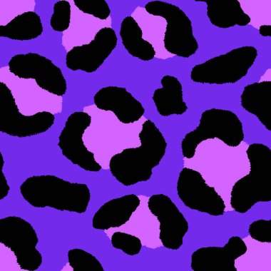 Soyut modern leopar pürüzsüz desen. Hayvanlar modaya uygun arka plan. Parmak izi, kart, kartpostal, kumaş ve tekstil için mor dekoratif vektör stok çizimi. Modern stilize cilt süsü