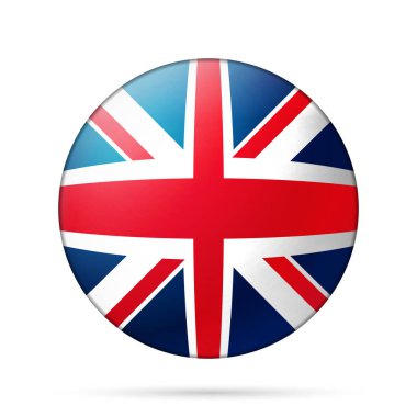 Birleşik Krallık bayrağı taşıyan cam ışıklı top. Yuvarlak küre, şablon simgesi. İngiliz ulusal sembolü. Parlak gerçekçi top, beyaz arkaplanda işaretlenmiş üç boyutlu soyut vektör çizimi. Büyük kabarcık