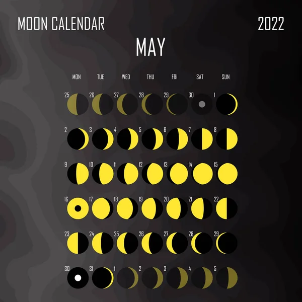 Mai 2022 Calendrier lunaire. Conception de calendrier astrologique. planificateur. Place pour autocollants. Modélisation du planificateur du cycle du mois. Fond noir et blanc isolé — Image vectorielle