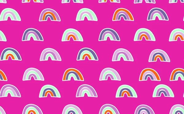 Trendig sömlös mönster med färgglada regnbåge på färg bakgrund. Design för inbjudan, affisch, kort, tyg, textil, tyg. Söt semester illustration för baby. Skandinavisk klotter stil — Stock vektor