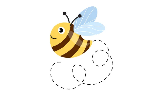 卡通蜜蜂吉祥物。一只小蜜蜂在一条点点滴滴的路线上飞行。Wasp系列矢量人物。乱伦的图标。请柬模板设计,卡片.涂鸦风格 — 图库矢量图片
