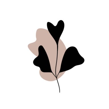 Soyut yuvarlak noktalı bir dal. Sanatsal çiçek desenli minimalist baskı. Pastel damlalı bir bitkinin siyah silueti. Yapraklı modern suluboya şekiller, akrilik mürekkep damlaları. Vektör ögesi