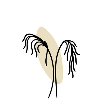 Soyut yuvarlak noktalı bir dal. Sanatsal çiçek desenli minimalist baskı. Pastel damlalı bir bitkinin siyah silueti. Yapraklı modern suluboya şekiller, akrilik mürekkep damlaları. Vektör ögesi