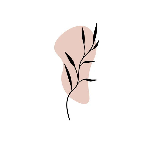 Zweig mit einem abstrakten runden Fleck. Künstlerischer minimalistischer floraler Druck. Vereinzelte schwarze Silhouette einer Pflanze mit pastellfarbenen Tropfen. Moderne Aquarellformen mit Blättern, Acryltintenklecksen. Vektorelement — Stockvektor