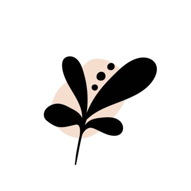 Soyut yuvarlak noktalı bir dal. Sanatsal çiçek desenli minimalist baskı. Pastel damlalı bir bitkinin siyah silueti. Yapraklı modern suluboya şekiller, akrilik mürekkep damlaları. Vektör ögesi