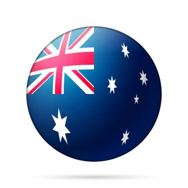 Avustralya bayrağıyla birlikte cam ışıklı top. Yuvarlak küre, şablon simgesi. Avustralya ulusal sembolü. Parlak gerçekçi top, beyaz arkaplanda işaretlenmiş üç boyutlu soyut vektör çizimi. Büyük kabarcık