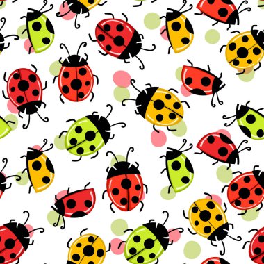 Beyaz arka planda renkli uğur böceği desenli modaya uygun hayvani desenler. Bebek için kadın çantaları olan şirin bir tatil illüstrasyonu. Davetiye, poster, kart, kumaş, tekstil için tasarım