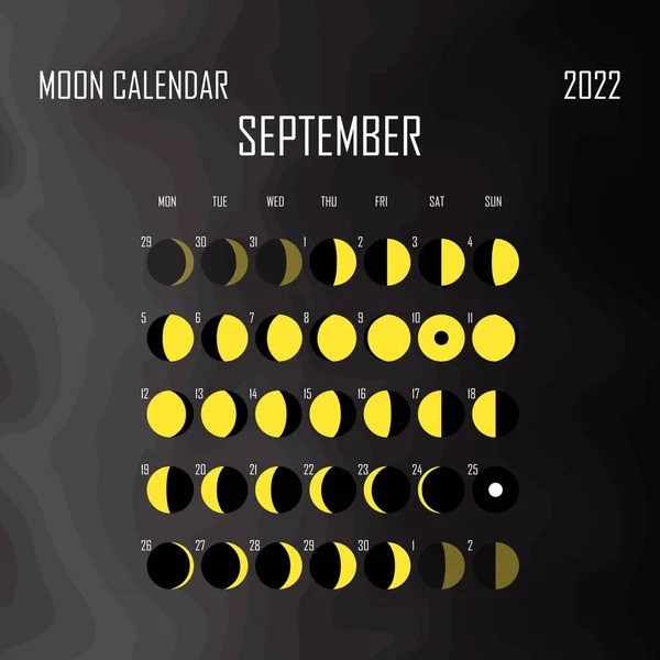 Septembre 2022 Calendrier lunaire. Conception de calendrier astrologique. planificateur. Place pour autocollants. Modélisation du planificateur du cycle du mois. Fond noir et blanc isolé — Image vectorielle