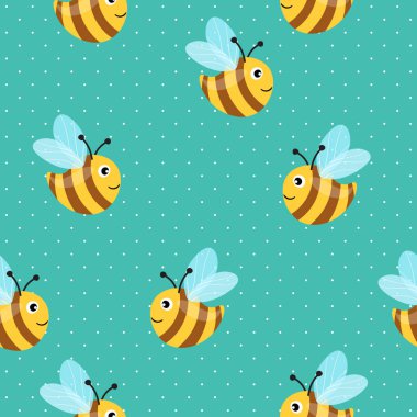 Renkli puantiyeli arka planda arılar olan kusursuz desen. Küçük eşekarısı. Vektör çizimi. Sevimli çizgi film karakteri. Davetiye, kart, tekstil, kumaş için şablon tasarımı. Doodle tarzı