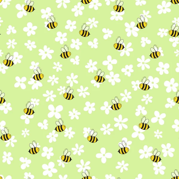 Бесшовный узор с пчелами и цветами на цветном фоне. Маленькая оса. Векторная иллюстрация. Симпатичный мультяшный персонаж. Дизайн шаблонов приглашений, открыток, текстиля и т.д. Дудл — стоковый вектор
