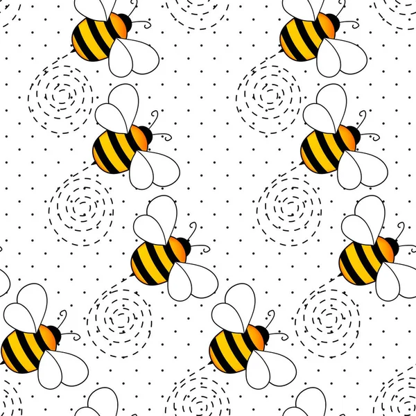 Padrão sem costura com abelhas em bolinhas brancas fundo pontos. Uma vespa pequena. Ilustração vetorial. Personagem de desenho animado adorável. Modelo de design para convite, cartões, têxtil, tecido. Estilo doodle —  Vetores de Stock