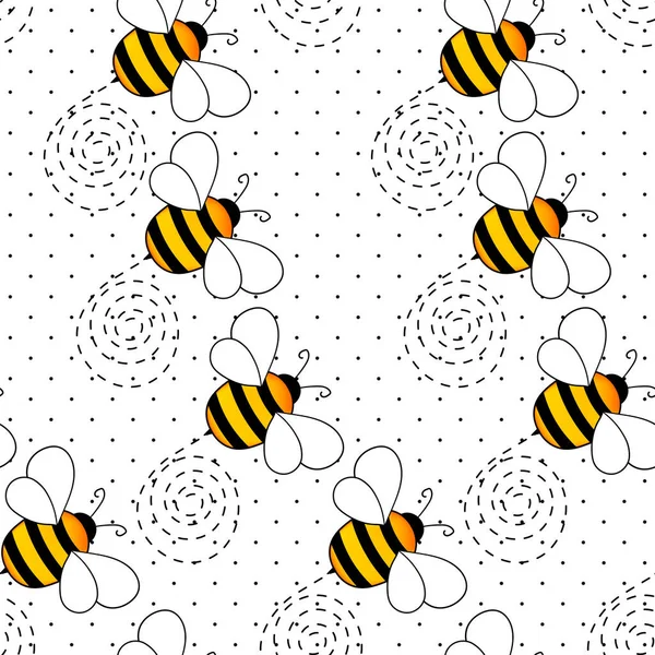 Modèle sans couture avec des abeilles sur fond à pois blancs. Petite guêpe. Illustration vectorielle. Adorable personnage de dessin animé. Modèle de conception pour invitation, cartes, textile, tissu. Style caniche — Image vectorielle