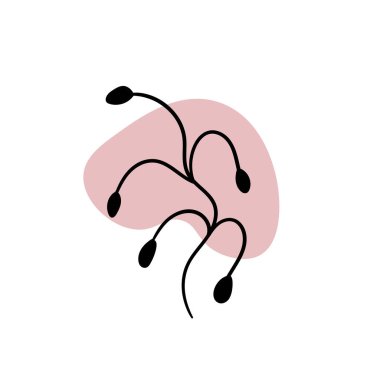 Soyut yuvarlak noktalı bir dal. Sanatsal çiçek desenli minimalist baskı. Pastel damlalı bir bitkinin siyah silueti. Yapraklı modern suluboya şekiller, akrilik mürekkep damlaları. Vektör ögesi