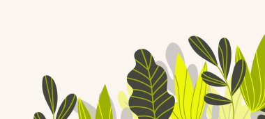 Renkli egzotik yapraklı çiçek web afişi. Doğa konsepti tasarımı. Yaz dallı modern çiçek kompozisyonları. Ekoloji, natura, çevre teması üzerine vektör illüstrasyonu