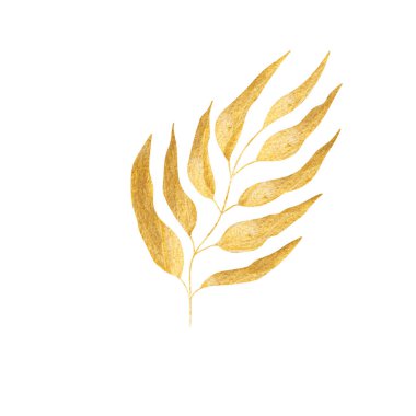 Çiçekli el, altın renkli siluet yapraklar çizdi. Hoş izole elementler. Kırtasiye malzemeleri için klip sanatı, web tasarımı. Modern suluboya altın çiçekli kompozisyonlar. Vektör illüstrasyonu