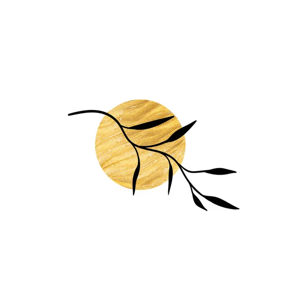 Branch egy absztrakt kerek folt. Művészi virágminimalista nyomtatás. Izolált fekete sziluett egy növény arany cseppekkel. Modern akvarell formák levelekkel, akril tinta foltok. Vektorelem — Stock Vector