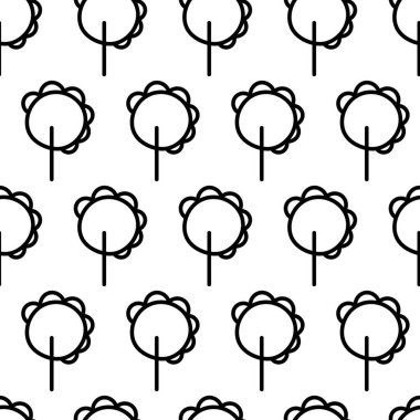 Ağaç simgesiyle siyah ve beyaz desenli. Vektör ağaçları sembol işareti. Bitkiler, baskı, kart, kartpostal, kumaş ve tekstil için peyzaj tasarımı. İş fikri kavramı