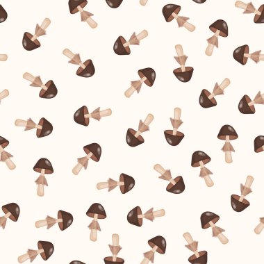 Beyaz arka planda mantarlı kusursuz desen. Tatlı peri mantarı. Ambalaj, afiş, kart, kumaş ve diğer tasarım için modern vektör illüstrasyonu. Yiyecek konsepti