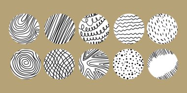 Moda sosyal medya yuvarlak tasarımı, sosyal ağ hikayeleri ve paylaşımı, mobil uygulamalar, tasarım. Geometrik karalama elementleri olan şablon simgeleri. Çeşitli vektör renklendirme kapakları, modelleme.