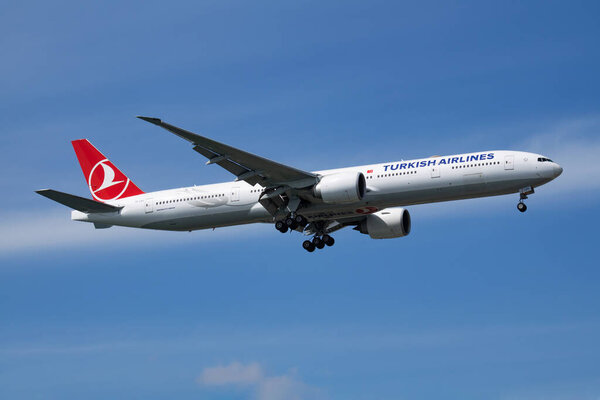 Turkish Airlines Boeing 777-300ER TC-LKC passenger plane landing at Istanbul Ataturk Airport