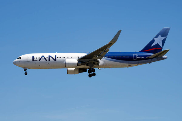 Madrid, Spain - May 2, 2016: LATAM LAN Airlines passenger plane at airport. Schedule flight travel. Aviation and aircraft. Air transport. Global international transportation. Fly and flying.