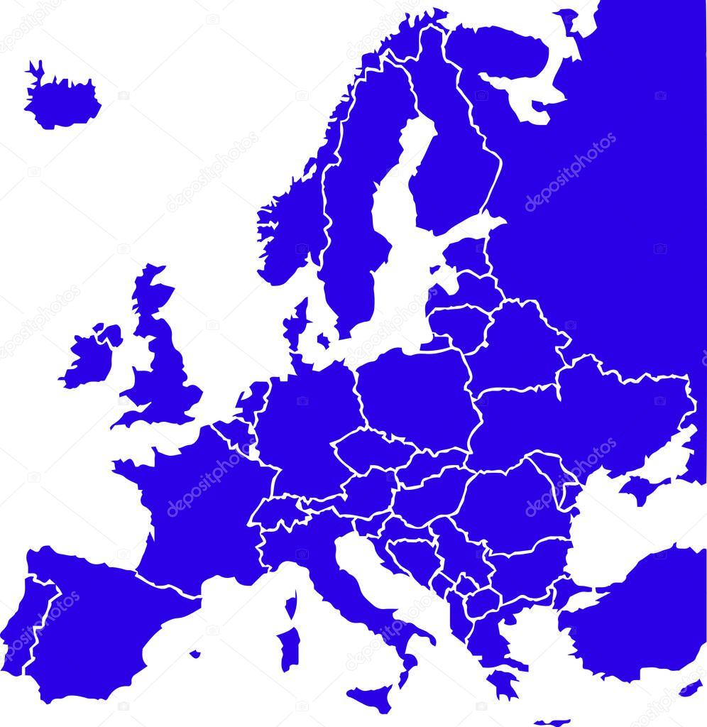 Blue colored European states map. Political europe map. Vector illustration map.