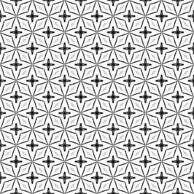 Siyah ve beyaz yüzey deseni. Bw süslemeli grafik tasarımı. Mozaik süsler. Desen şablonu. Vektör illüstrasyonu.