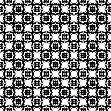 Siyah ve beyaz yüzey deseni. Bw süslemeli grafik tasarımı. Mozaik süsler. Desen şablonu. Vektör illüstrasyonu.