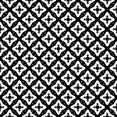 Siyah ve beyaz yüzey deseni. Bw süslemeli grafik tasarımı. Mozaik süsler. Desen şablonu. Vektör illüstrasyonu.
