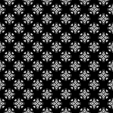 Siyah ve beyaz yüzey deseni. Bw süslemeli grafik tasarımı. Mozaik süsler. Desen şablonu. Vektör illüstrasyonu.