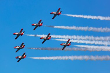 Zeltweg, Avusturya - 4 Eylül 2019: İspanyol Hava Kuvvetleri Patrulla Aguila akrobatik gösteri ekibi. Havacılık ve uçak. Hava kuvvetleri. Askeri endüstri. Uç ve uç.