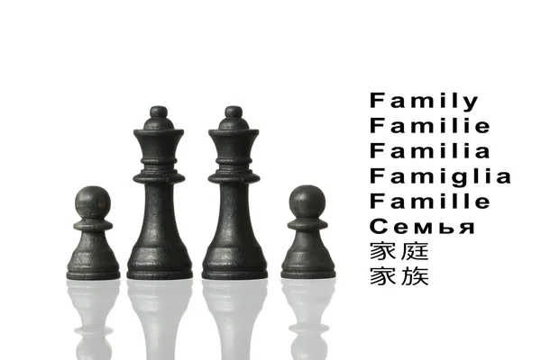 Представительство интересов семьи с шахматными фигурами и словом "семья — стоковое фото