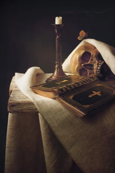 Bible, Skull, Candle as Symbol for Life, Death and Resurrection — Stock Photo, Image