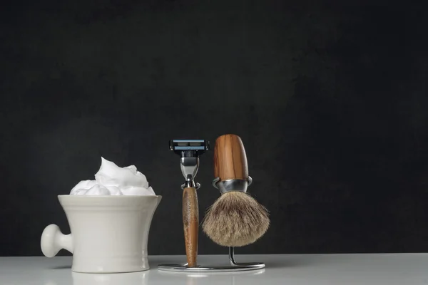 Vintage Shaving Equipment on white Table and dark Background — Stock Photo, Image